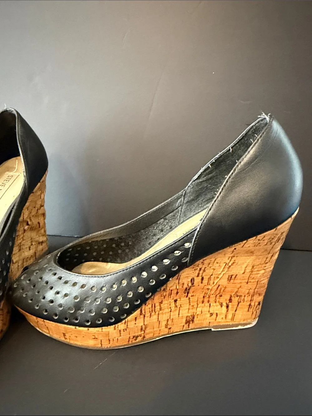 Steve Madden Black Perforated Peep-Toe Cork Wedges